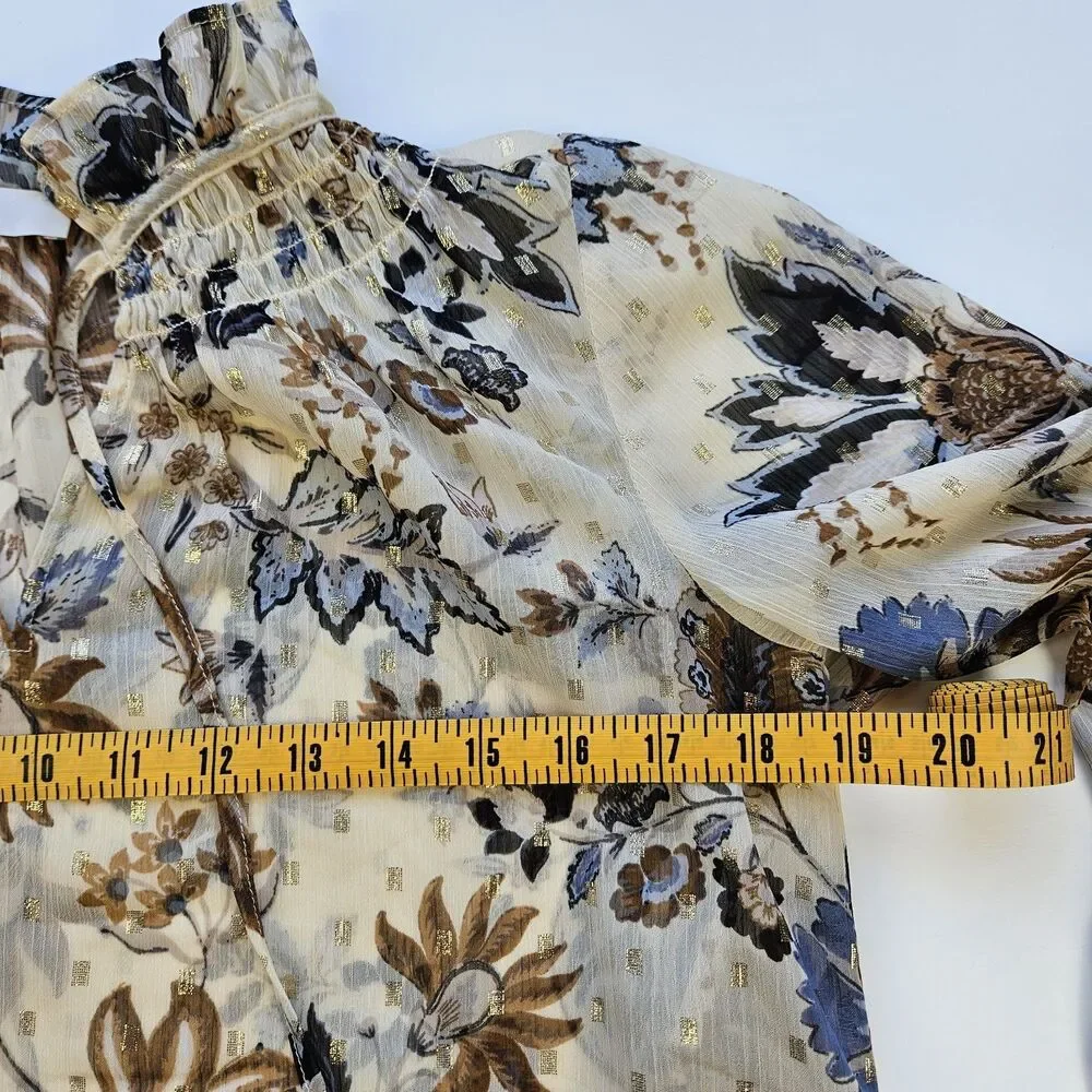 LOFT Size XS Womens Beige Floral Mock Neck Tie Long Puff Sleeve Blouse